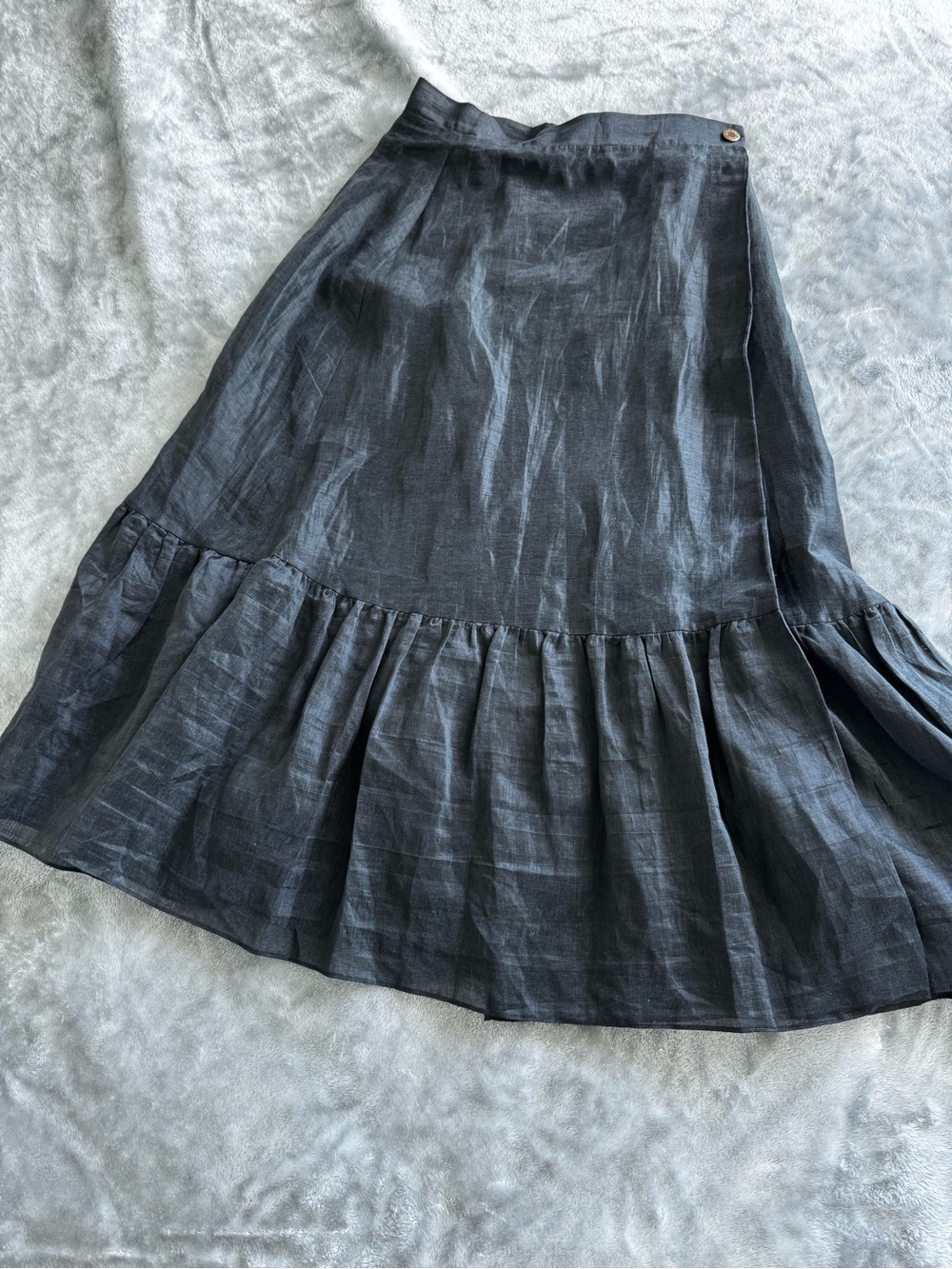 Sandro Black Ruffle-Hem A-Line Linen-Blend Skirt